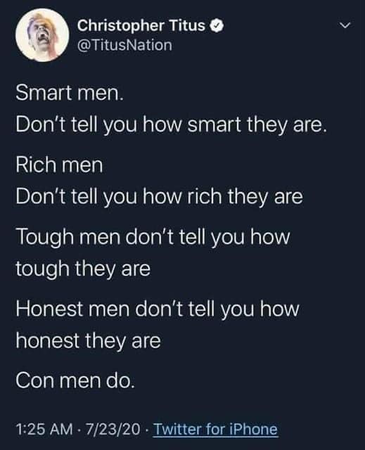 A screenshot of a tweet from Christopher Titus's verified Twitter account showing a list of statements about different types…