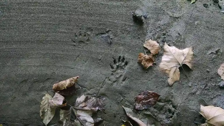 A close-up photo shows animal paw prints in wet, dark mud, surrounded by scattered dry, brown autumn leaves. The text…