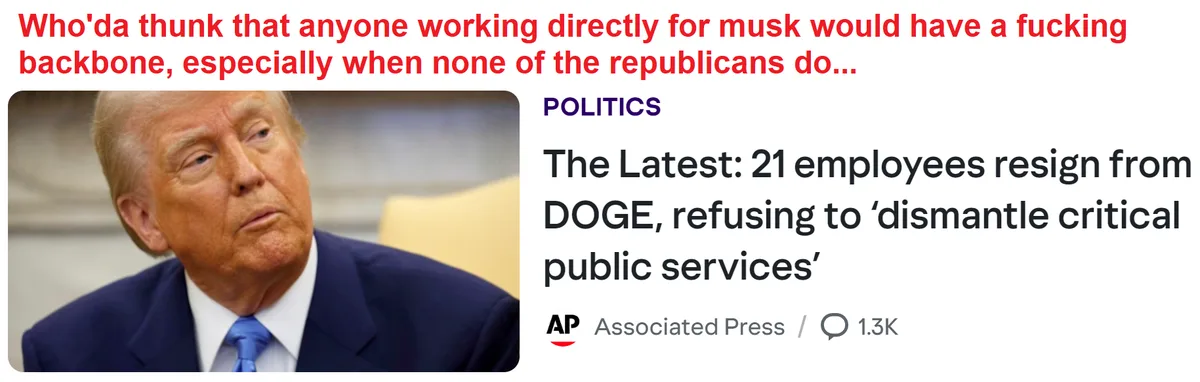 The image shows a news article snippet with the headline 'The Latest: 21 employees resign from DOGE, refusing to ‘dismantle…