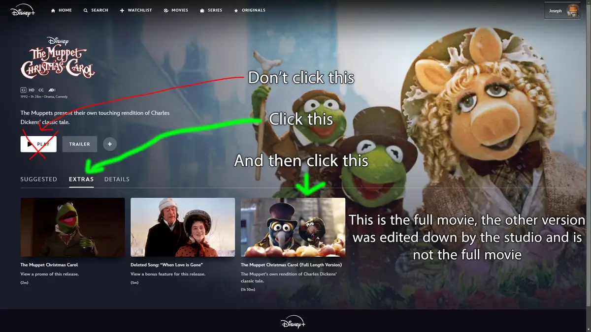 A screenshot of the Disney+ page for 'The Muppet Christmas Carol' shows overlaid text and arrows guiding users to avoid the…
