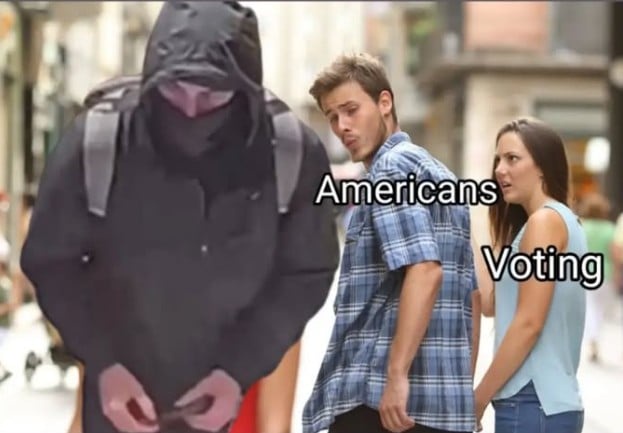 A man in a black hoodie and backpack stands facing away from a couple, who are labeled 'Americans' and 'Voting'. The man in…