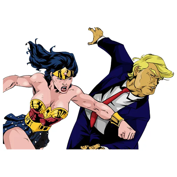 A comic book-style image shows Wonder Woman in her classic costume punching a caricature of Donald Trump, who is wearing a…