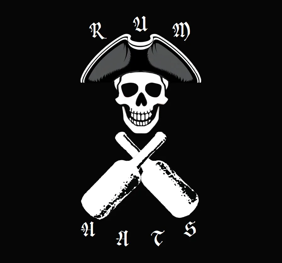 A black-and-white image features a skull wearing a pirate hat, with two crossed baseball bats beneath it. The word 'rum' is…