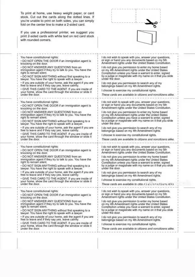 The image displays a printed card with text outlining constitutional rights for individuals facing an immigration agent. The…