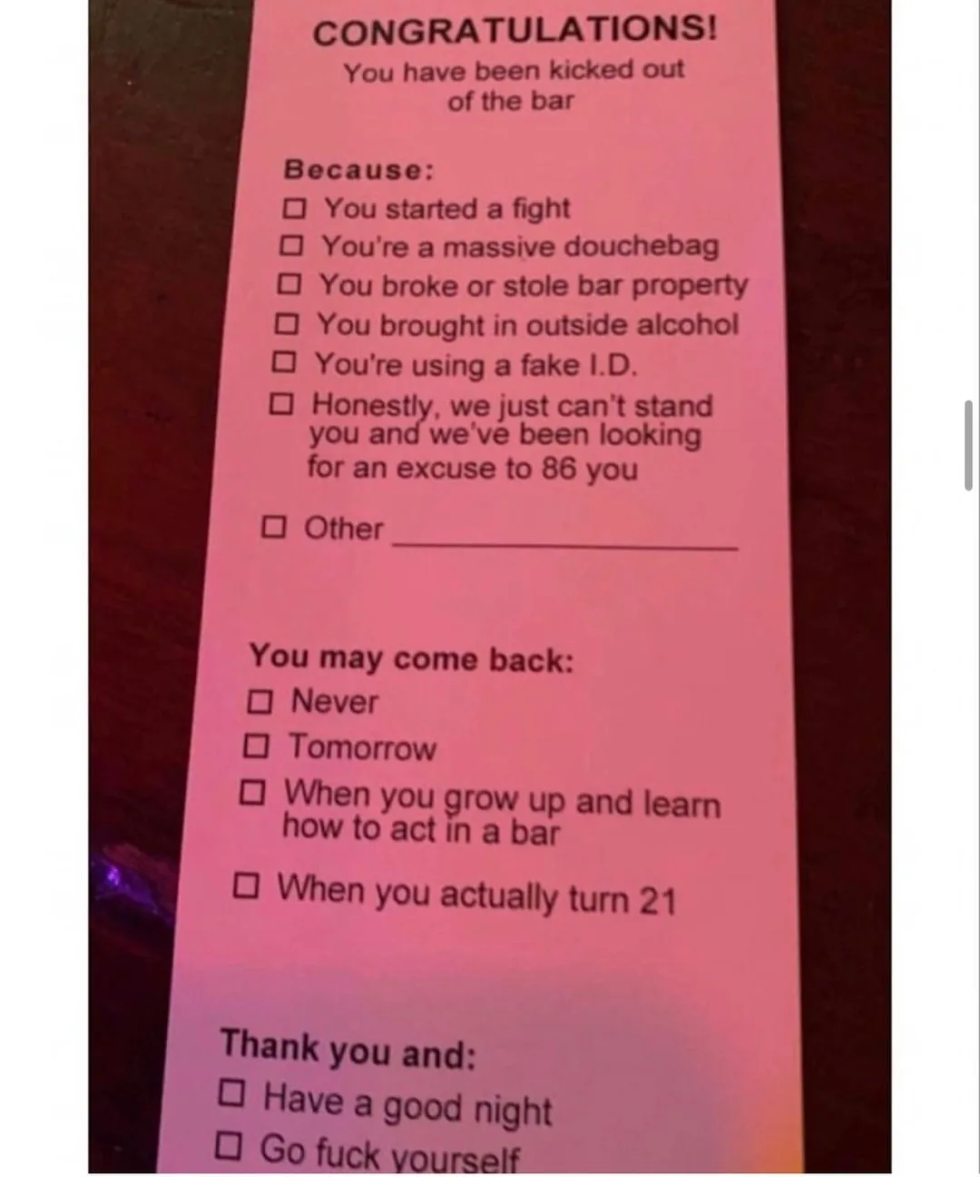 A pink bar ejection notice with a sarcastic 'CONGRATULATIONS!' header, listing checkboxes for reasons someone was kicked…