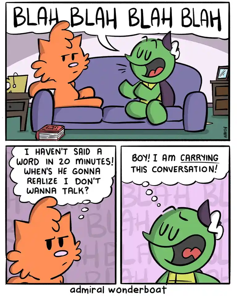 A three-panel comic strip featuring two cartoon characters: an orange cat and a green, horned creature. In the first panel…