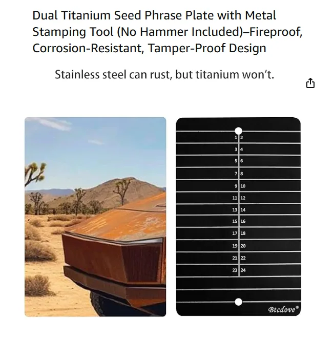 The image displays a product listing for a 'Dual Titanium Seed Phrase Plate' with a metal stamping tool, featuring a black…