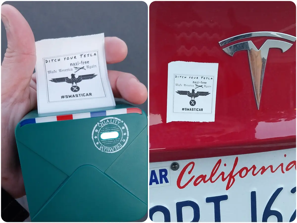 A split image shows a hand holding a small white paper slip with hateful text and a swastika symbol, then the same slip…