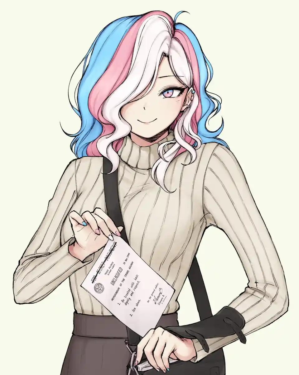 An anime-style illustration of a person with blue, pink, and white hair holding a document labeled 'TOP SECRET DOCUMENT'…