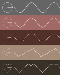 Six panels show a stylized heart rate monitor with five colored bands. Each band has a dotted outline of a shape (circle…