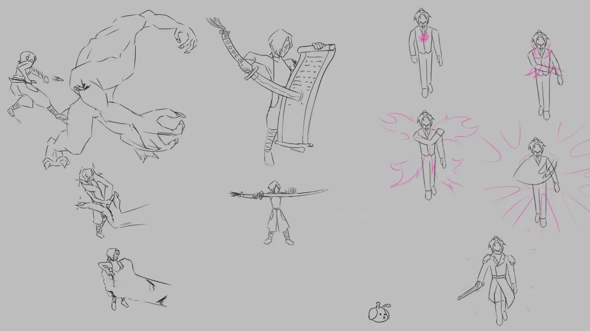 A collection of black-and-white character design sketches by Kyosuke Kadoya, showing various poses of a male anime-style…