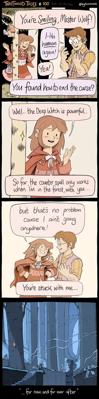 A four-panel comic strip from 'Twistwood Tales #100' shows a woman in a red cloak joyfully telling a man she's human again…