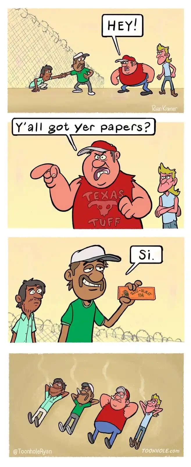 A four-panel comic strip shows a man in a red 'Texas Tuff' tank top yelling 'HEY!' at two men near a fence, then demanding…