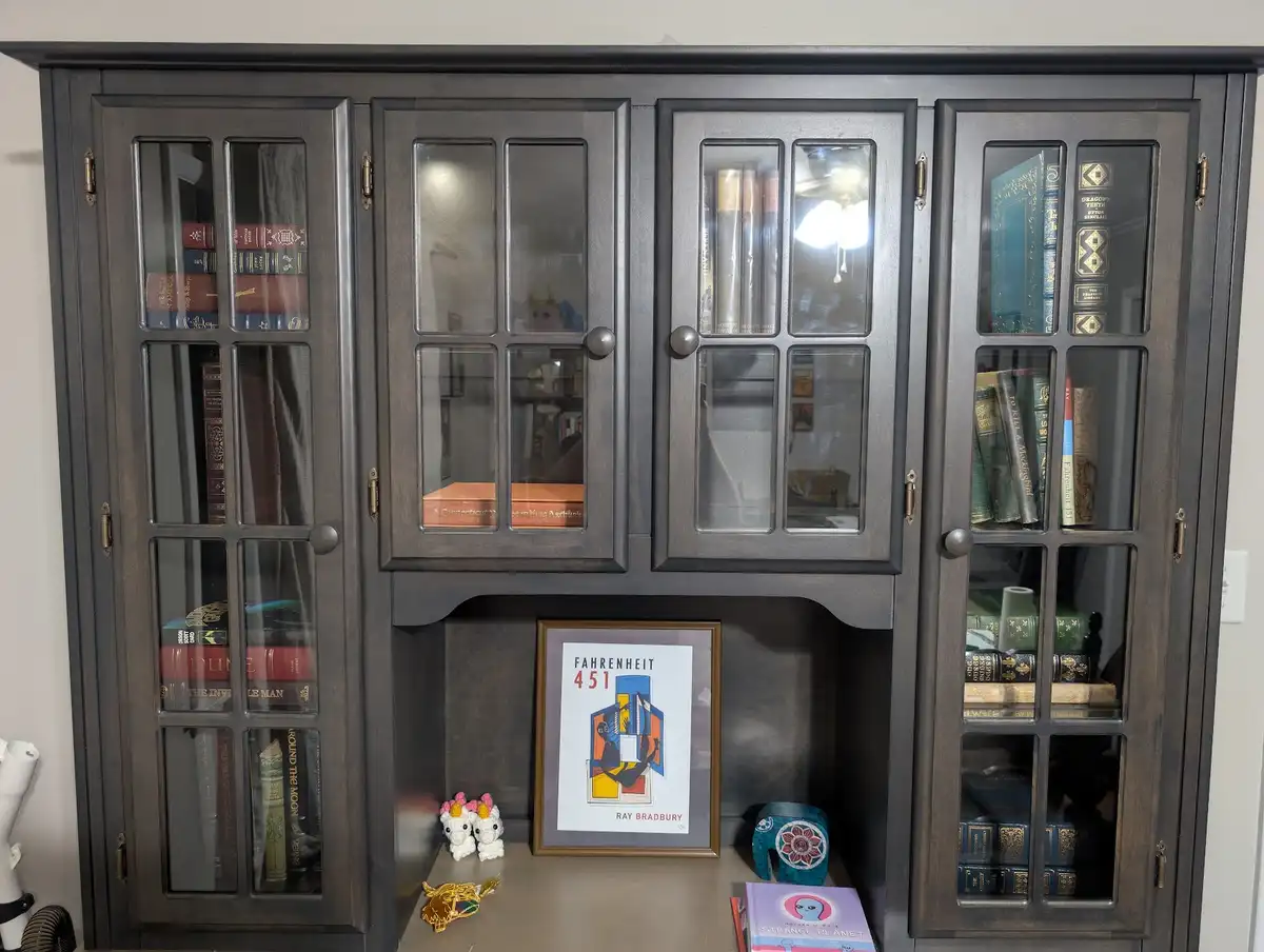 A dark wood bookshelf with glass doors displays numerous books, including visible titles like 'Dune' and 'Fahrenheit 451'…