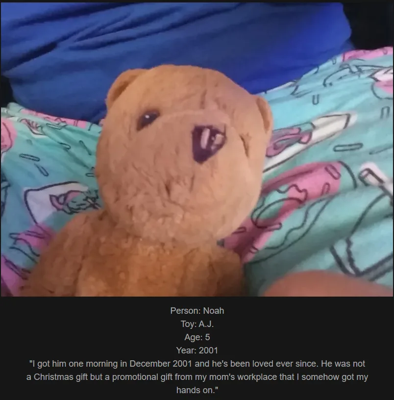 A close-up photo of a worn, brown teddy bear with a stitched mouth, resting on colorful patterned bedding. Overlaid text…