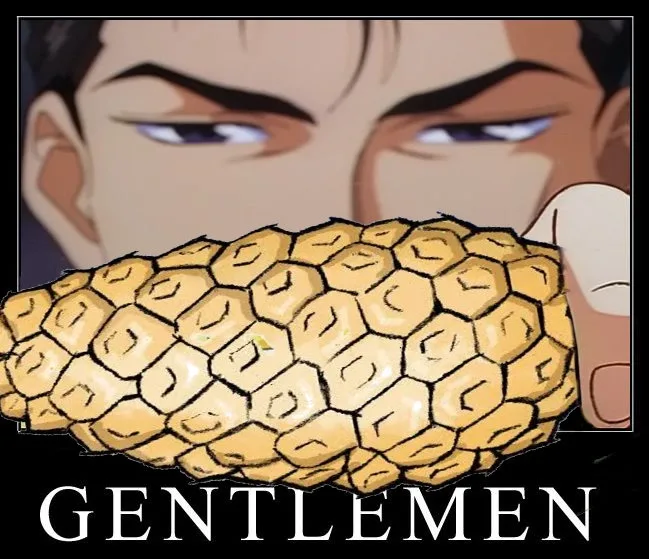 An anime-style close-up of a man with a stern, intense expression, holding a corn cob directly in front of his face…