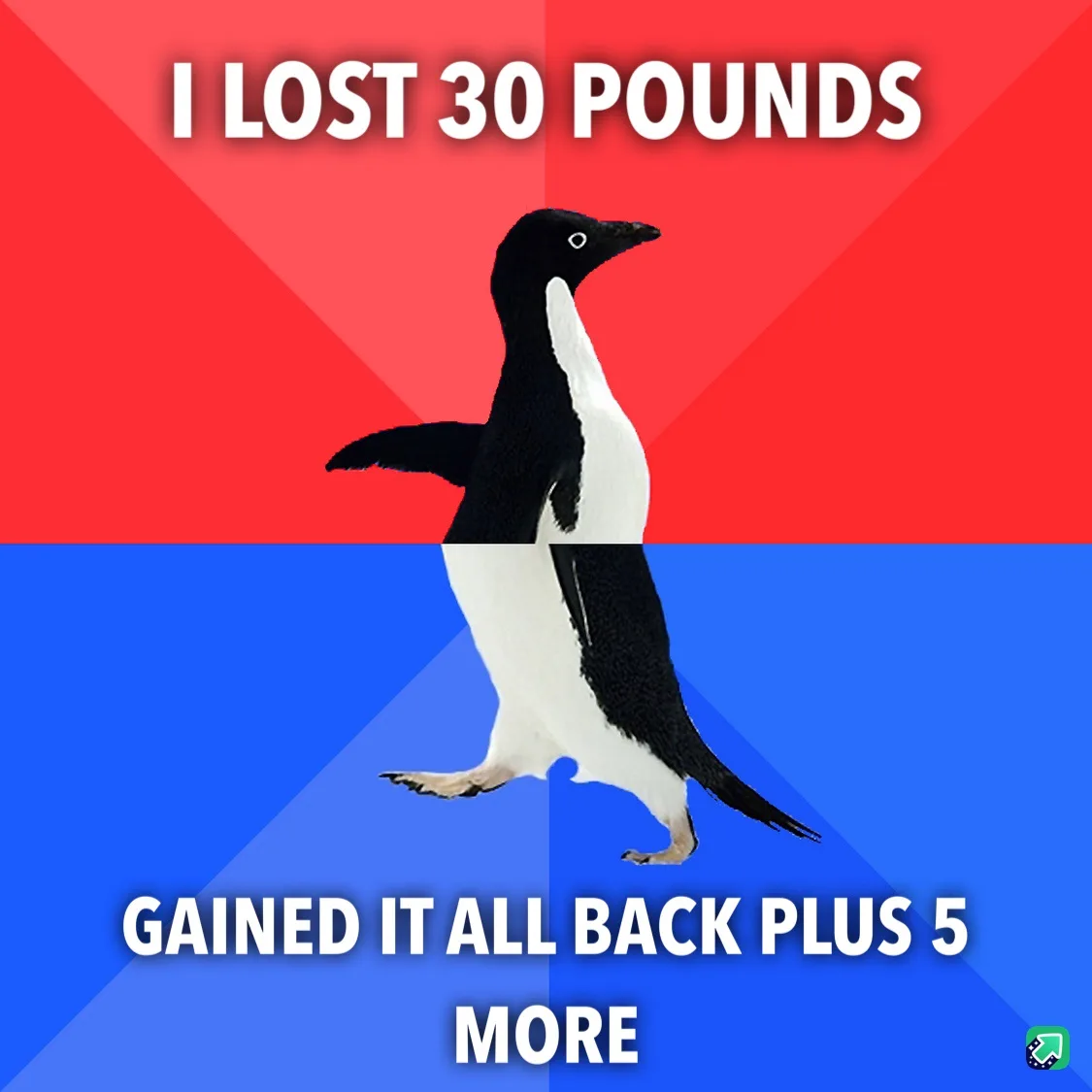 A penguin is split vertically down the middle, with the top half against a red background and the bottom half against a blue…