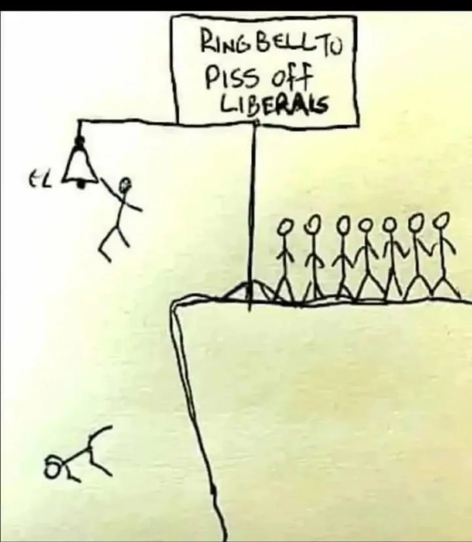 A crude stick-figure drawing shows a person ringing a bell labeled 'RING BELL TO PISS OFF LIBERALS' while standing on a…