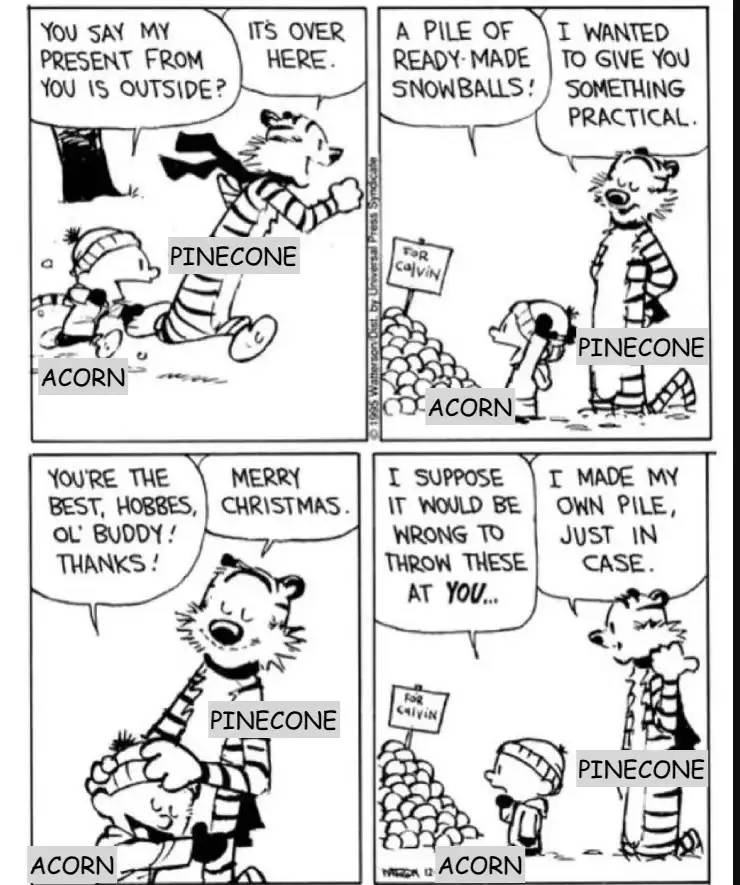A four-panel Calvin and Hobbes comic strip where Calvin and Hobbes exchange Christmas gifts. Calvin gives Hobbes a pile of…