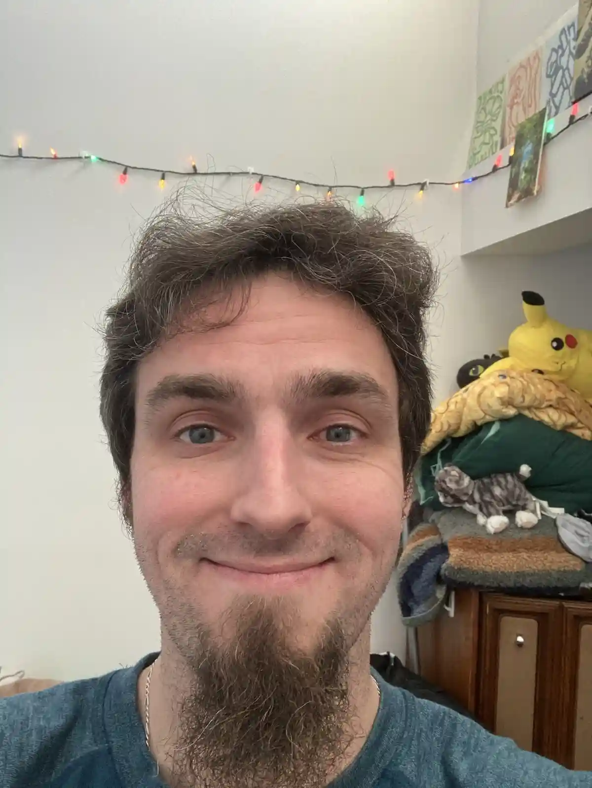 A selfie of a man with a long beard and messy hair, smiling slightly while looking at the camera. Behind him, a string of…
