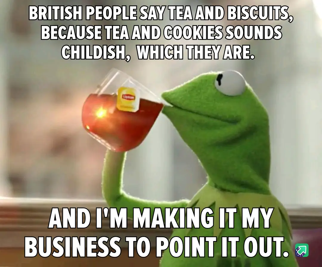 A green frog puppet, Kermit the Frog, is shown sipping tea from a glass with a Lipton tea bag visible. The image has two…
