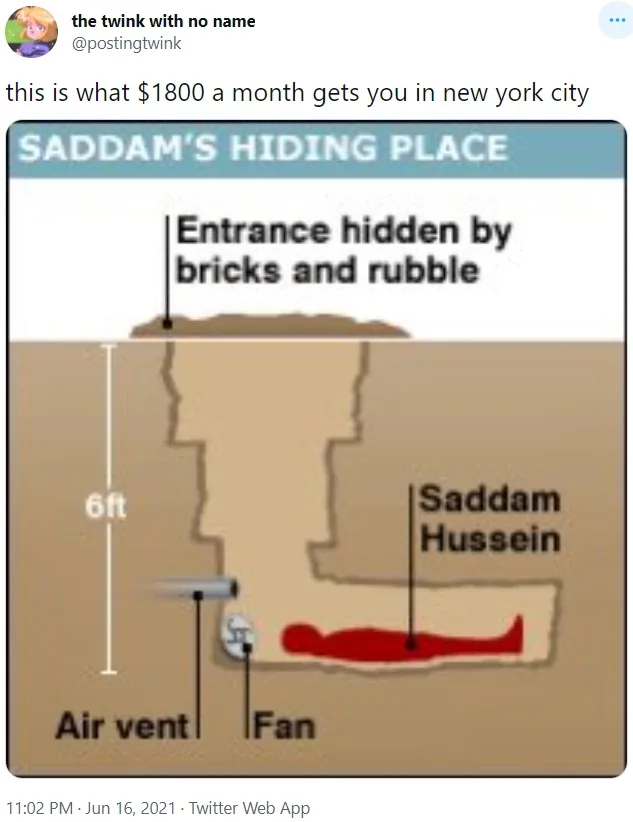 An image shows a diagram labeled 'SADDAM'S HIDING PLACE' depicting a shallow underground bunker with a red silhouette…