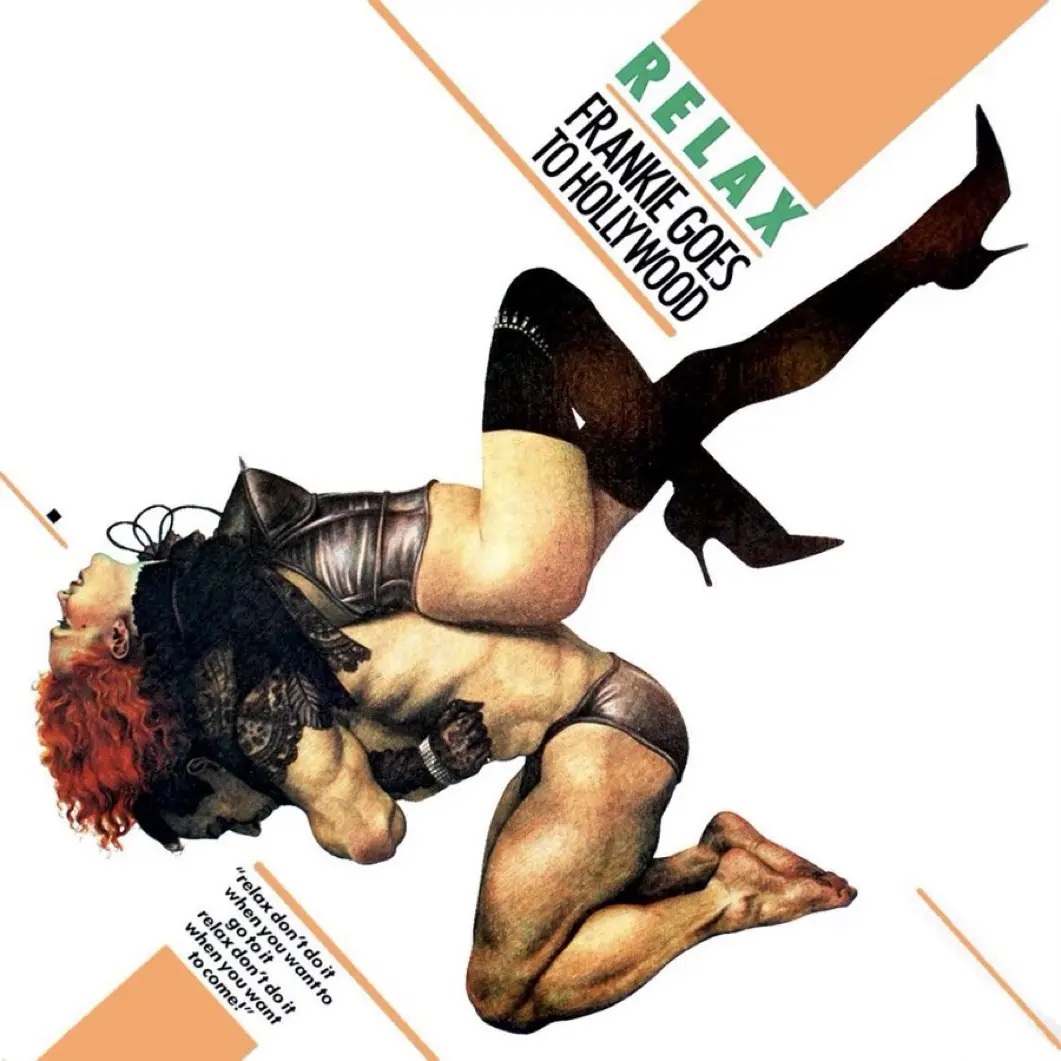 An illustration of a woman with red hair in a black lace outfit being held upside down by a muscular man in leather briefs…