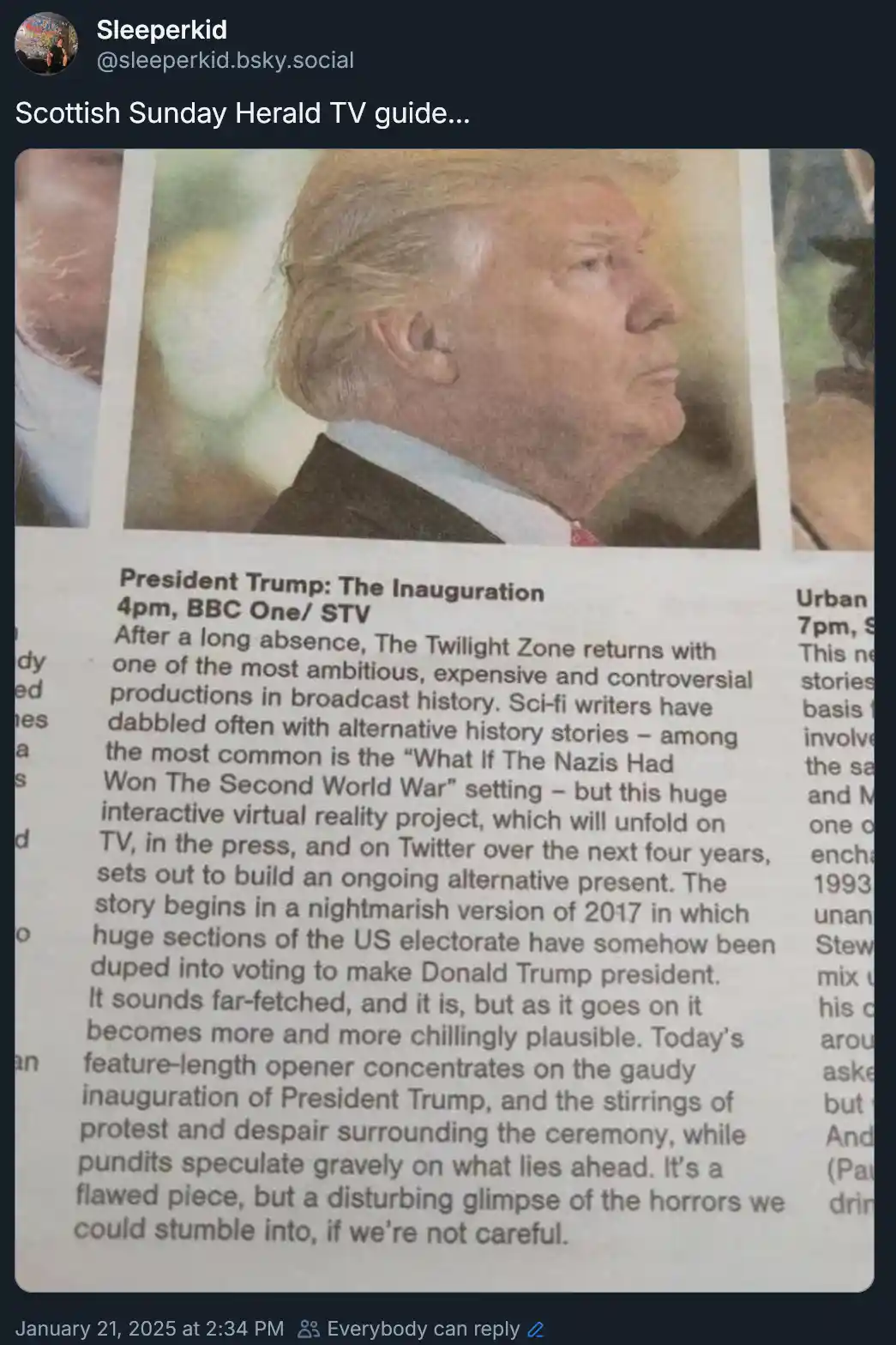 A screenshot of a TV guide page featuring a photo of Donald Trump in profile, overlaid with a fictional description of a…