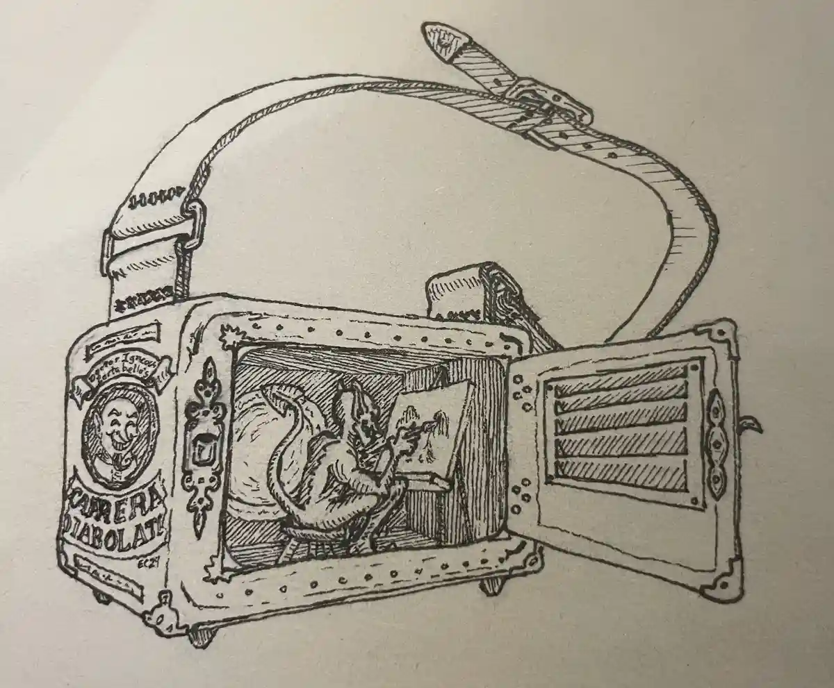 A black-and-white sketch depicts an ornate, vintage-style camera with a strap, its door open to reveal a devil-like creature…