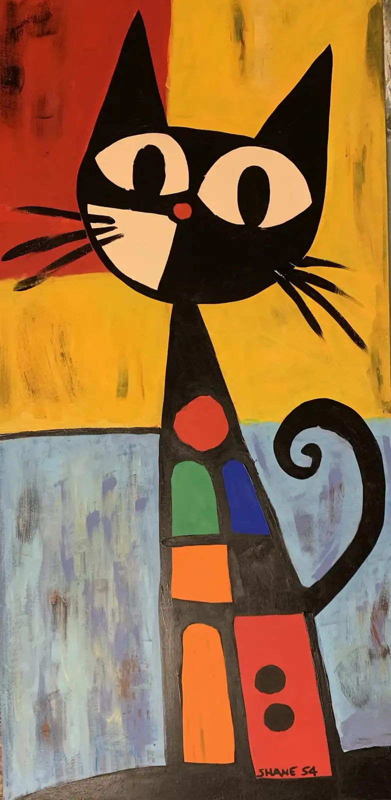 A stylized painting of a black cat with large white eyes and a red nose, standing upright against a background split into…