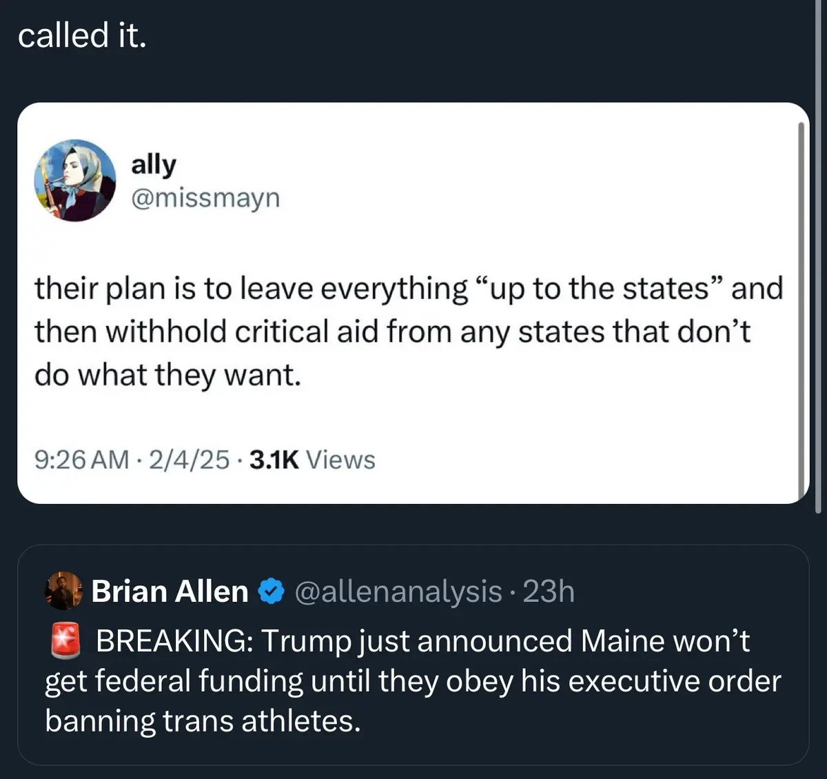 The image shows two Twitter posts. The top post by 'ally' (@missmayn) reads: 'their plan is to leave everything “up to the…