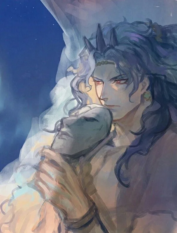 An anime-style illustration shows a dark-haired, red-eyed man with horns holding a crying, faceless figure in his arms…