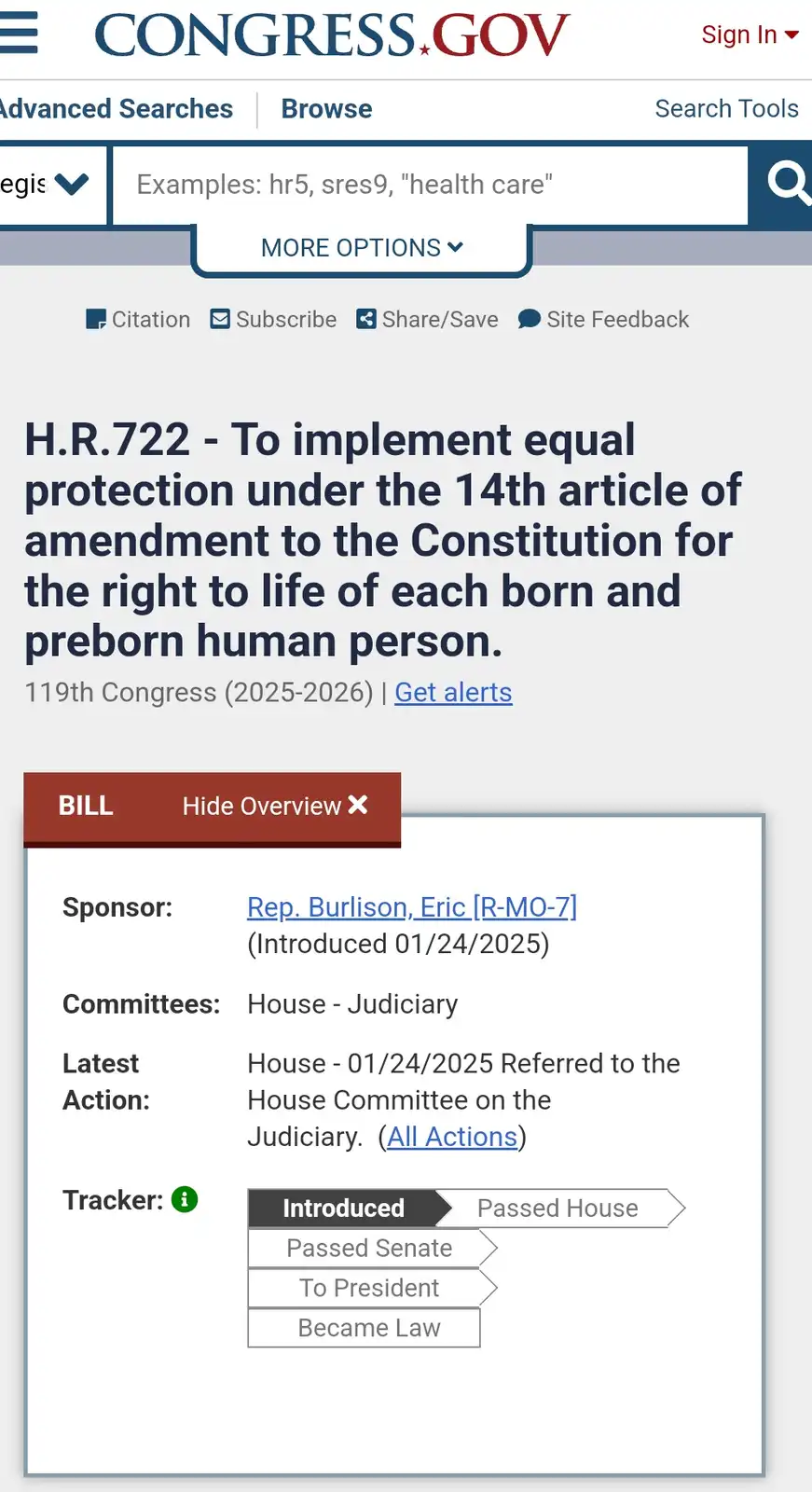 A screenshot of the congress.gov website showing bill H.R.722, which aims to implement equal protection under the 14th…