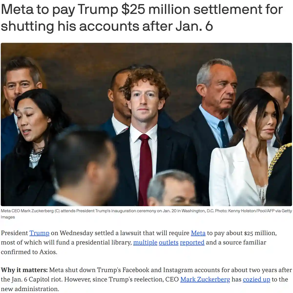 A news article screenshot shows a photo of Mark Zuckerberg at President Trump's inauguration, surrounded by other attendees…