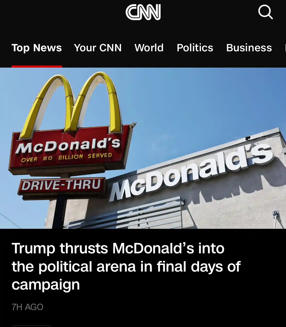 A screenshot of a CNN news article header showing a McDonald's restaurant sign against a blue sky. The headline reads 'Trump…