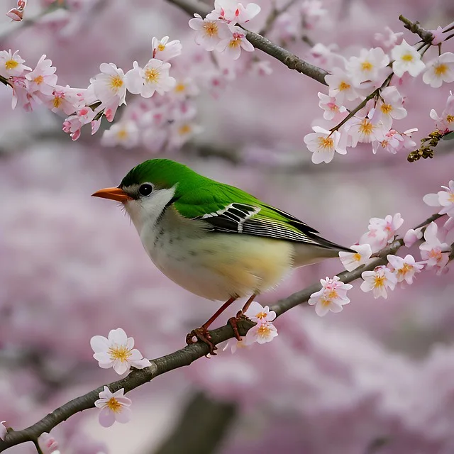 A small, vividly green and white bird with an orange beak perches on a branch of pink cherry blossoms. The background is…