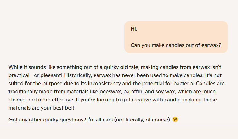 A text-based image shows a conversation where someone asks if you can make candles out of earwax. The response explains that…