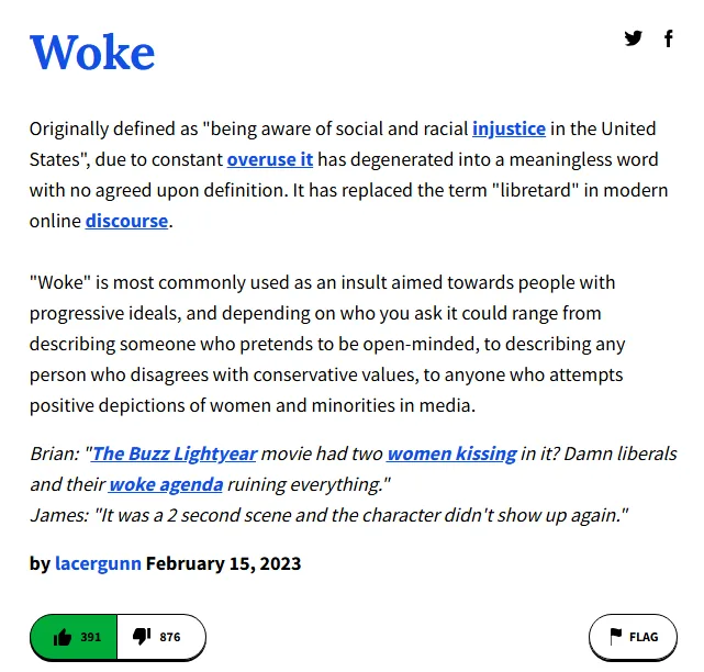 A screenshot of a Reddit post titled 'Woke' that defines the term's evolution from a social justice concept to a pejorative…