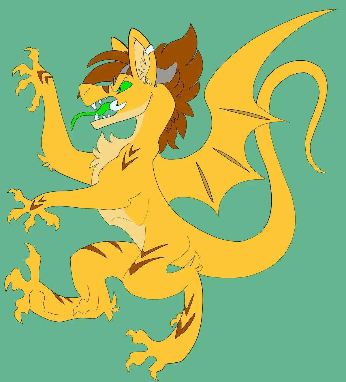 A cartoon-style yellow dragon with brown mane and green eyes is depicted in an aggressive pose with wings spread, sharp…