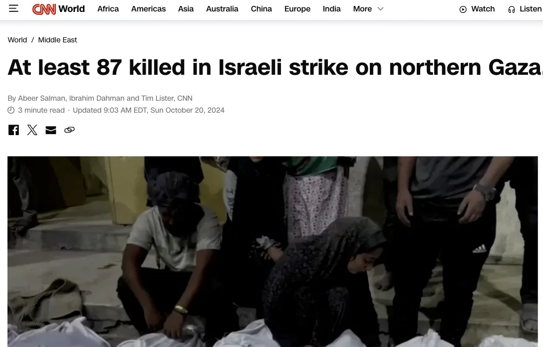 A screenshot of a CNN World news article headline reading 'At least 87 killed in Israeli strike on northern Gaza' is…