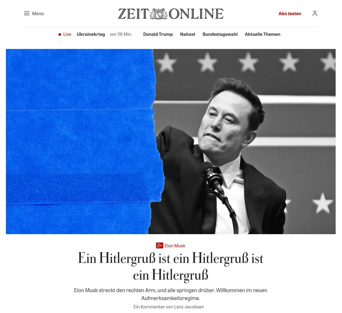A black-and-white image of Elon Musk at a podium with stars in the background, partially obscured by a large blue tape…