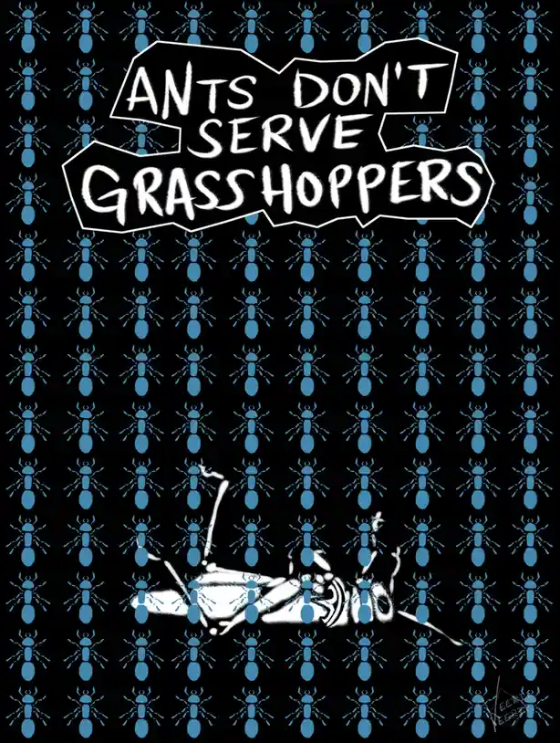 The image features a black background filled with a repeating pattern of blue ant silhouettes. Centered is a large, jagged…