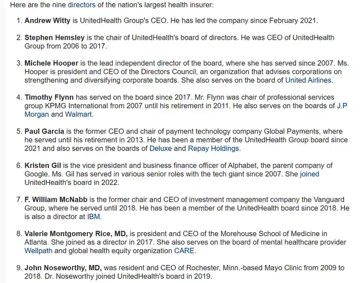 A screenshot of a text document listing nine directors of UnitedHealth Group with their titles and brief biographies. The…