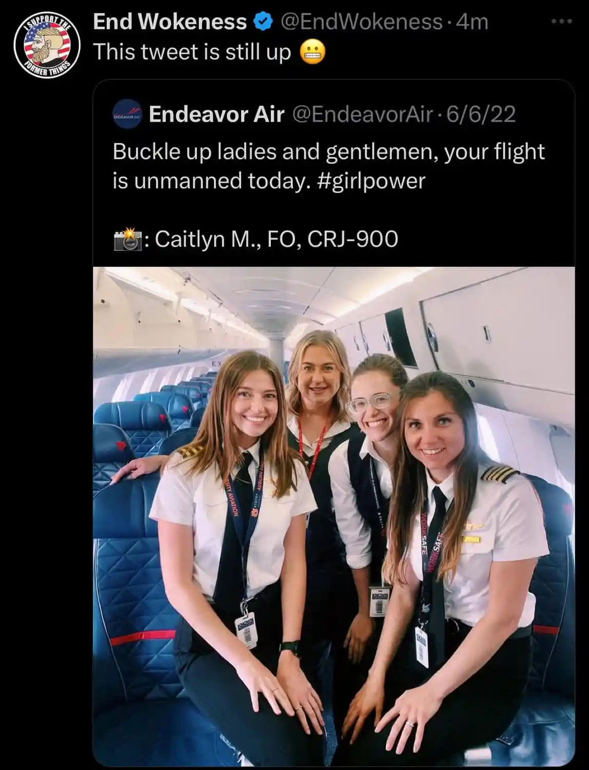 A screenshot of a tweet from 'Endeavor Air' dated 6/6/22 shows a photo of four smiling female flight crew members posing…