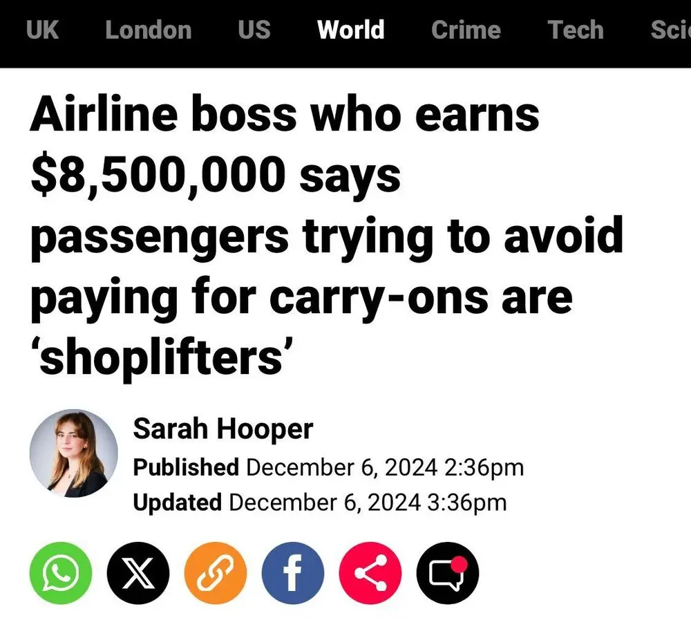 A screenshot of a news article headline reads 'Airline boss who earns $8,500,000 says passengers trying to avoid paying for…