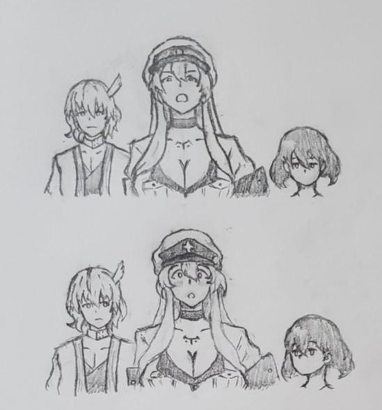A pencil sketch shows three anime-style characters: a stern-looking girl with a ponytail, a central girl in a military-style…