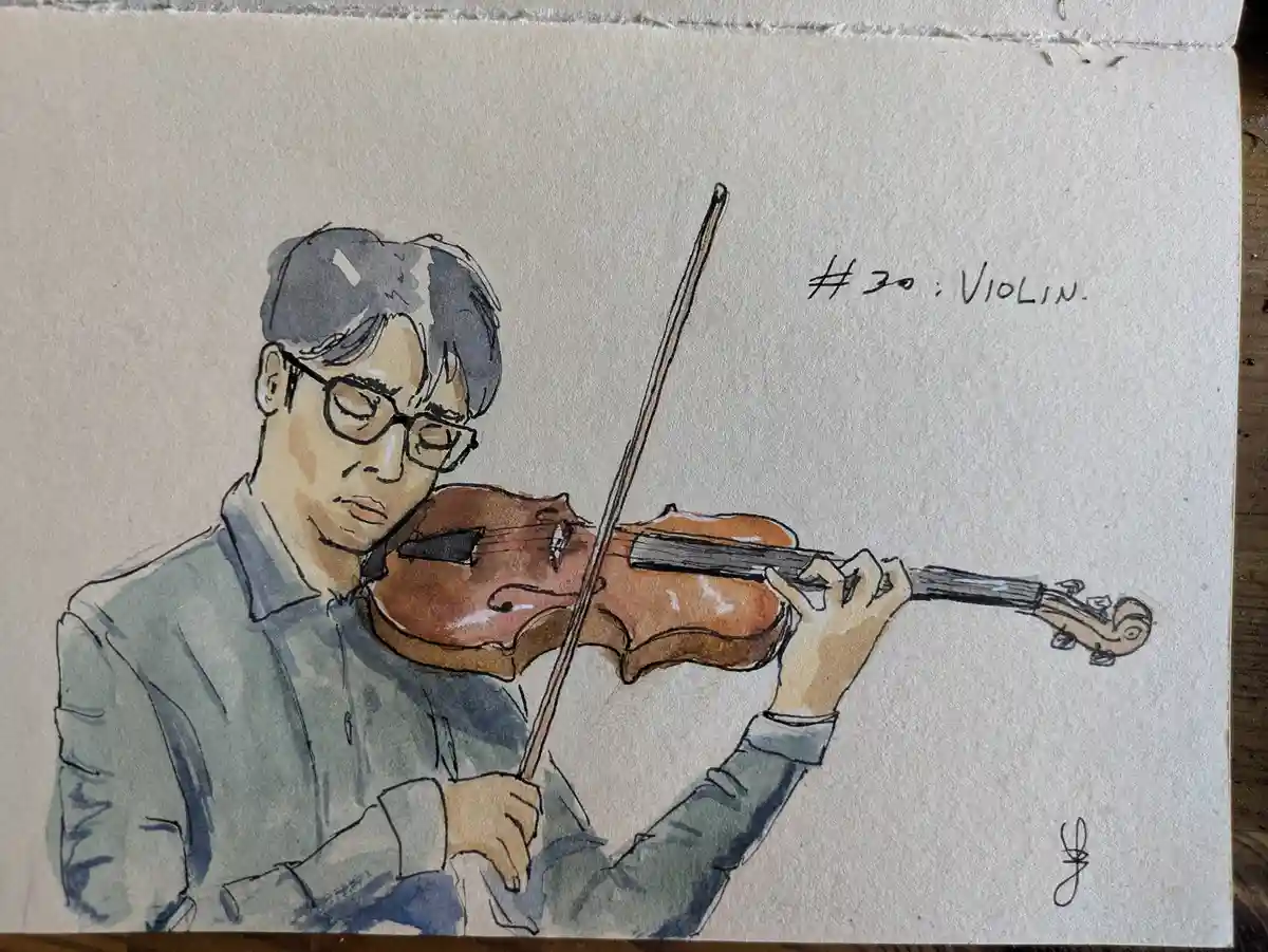 A watercolor sketch depicts a person with glasses playing a violin, with the text '#30: VIOLIN.' written in the upper right…
