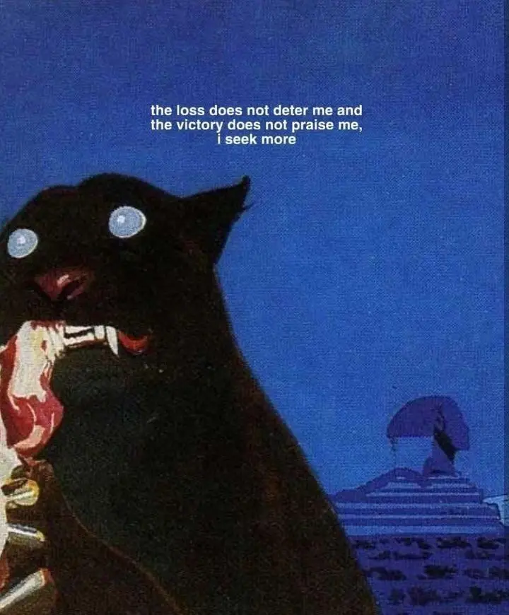 A stylized illustration shows a large black panther with glowing white eyes, holding a bloody piece of meat in its mouth. In…