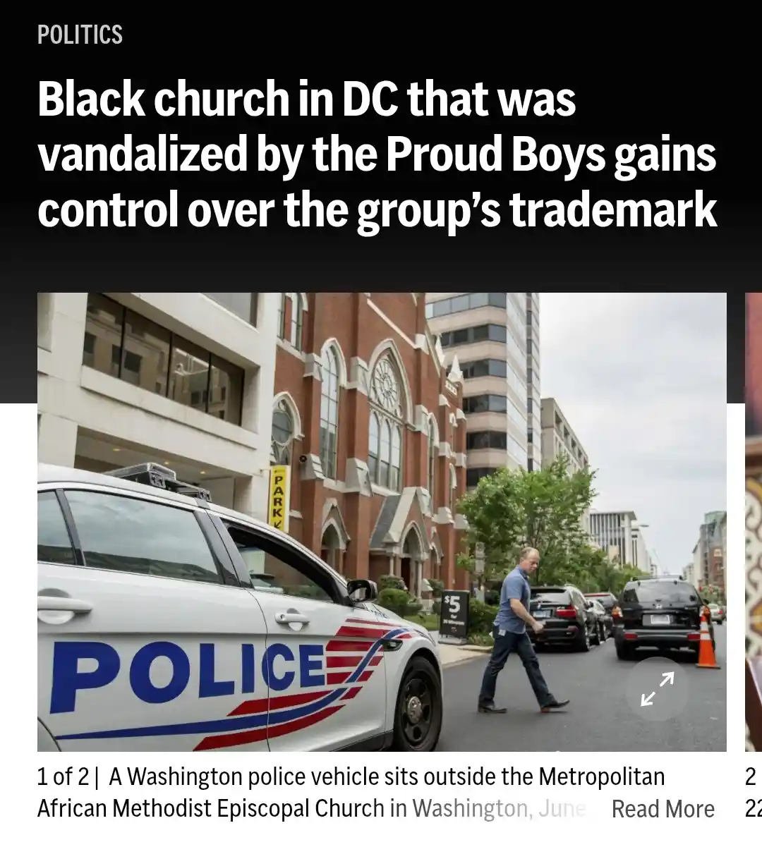 A news article screenshot shows a Washington police car parked outside a red-brick church, with a man walking past. The…