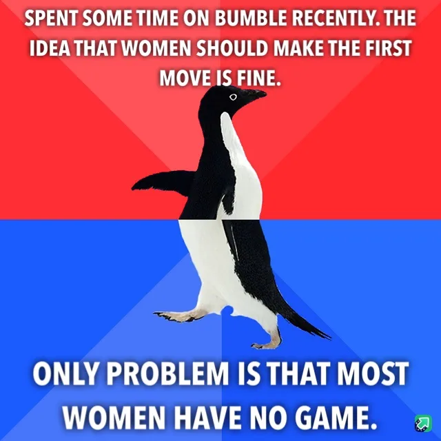 A penguin stands centered against a red and blue background, split diagonally. White text overlays the image in two…